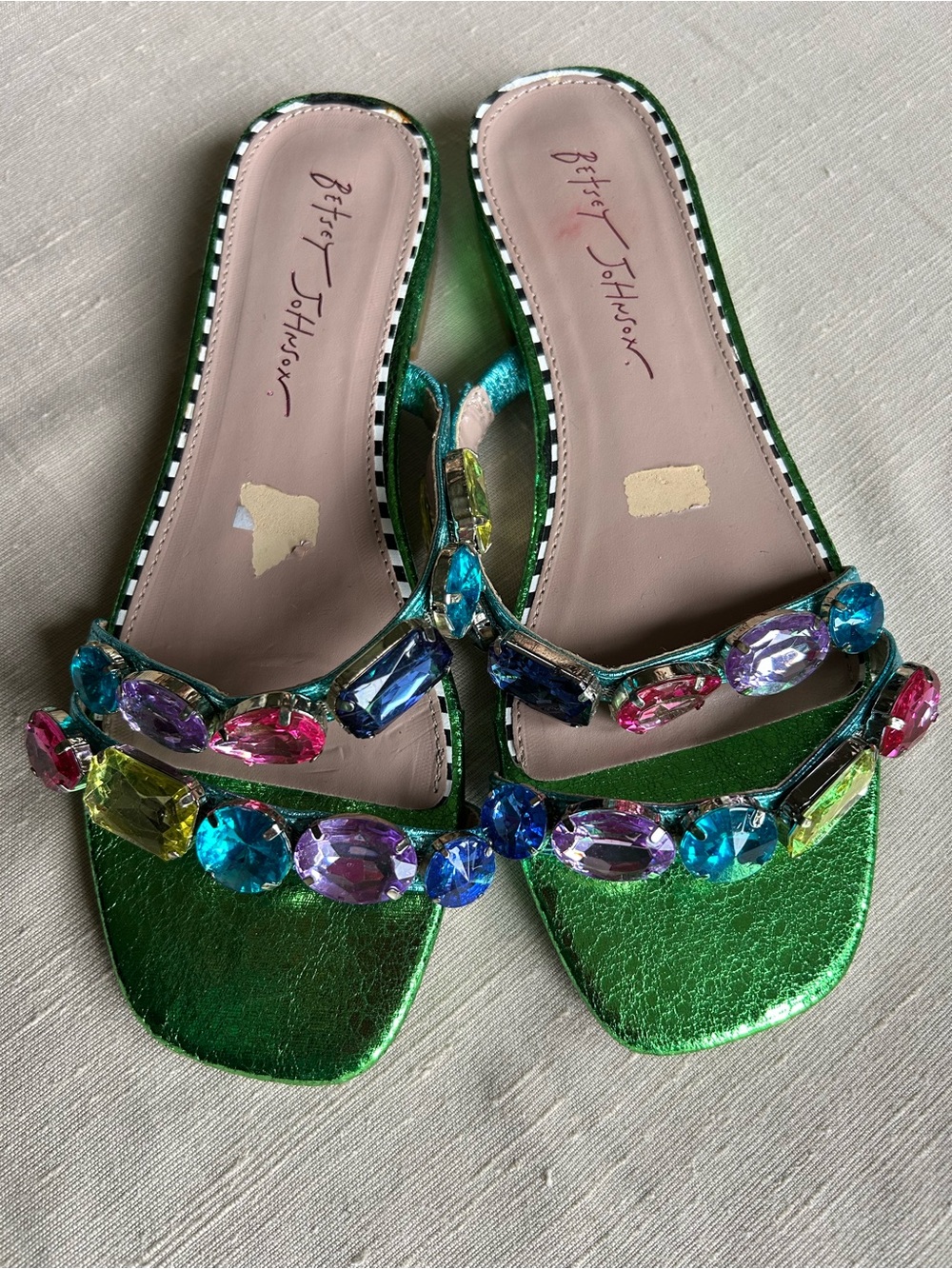 Betsey Johnson Willet Metallic Green Jeweled Slide Sandals